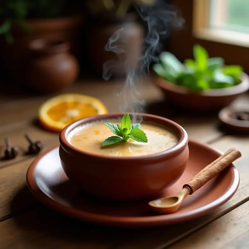 Taza de barro humeante con Chuño Cola de Mono, bebida boliviana tradicional de color marrón oscuro, espolvoreada con canela en polvo, sobre una mesa rústica de madera con especias y chuño al lado.