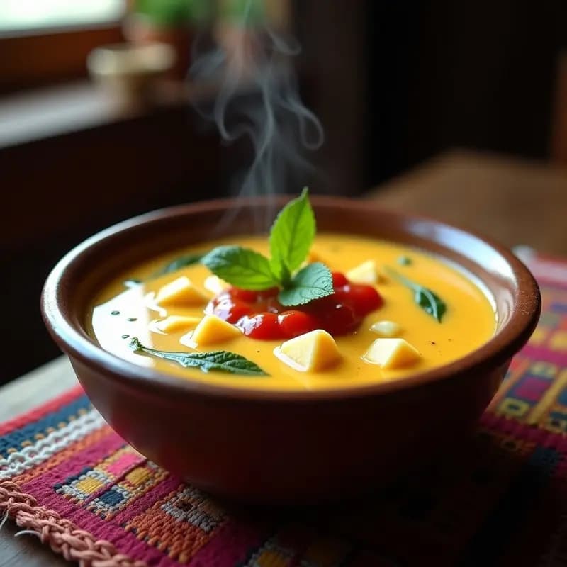 Plato hondo de cerámica rústica con sopa espesa de chuño cola boliviano, trozos de queso fresco derretido y una cucharada de llajwa roja en el centro. Decorado con hojas de hierbabuena fresca y servido sobre una mesa de madera con un telar andino de fondo.