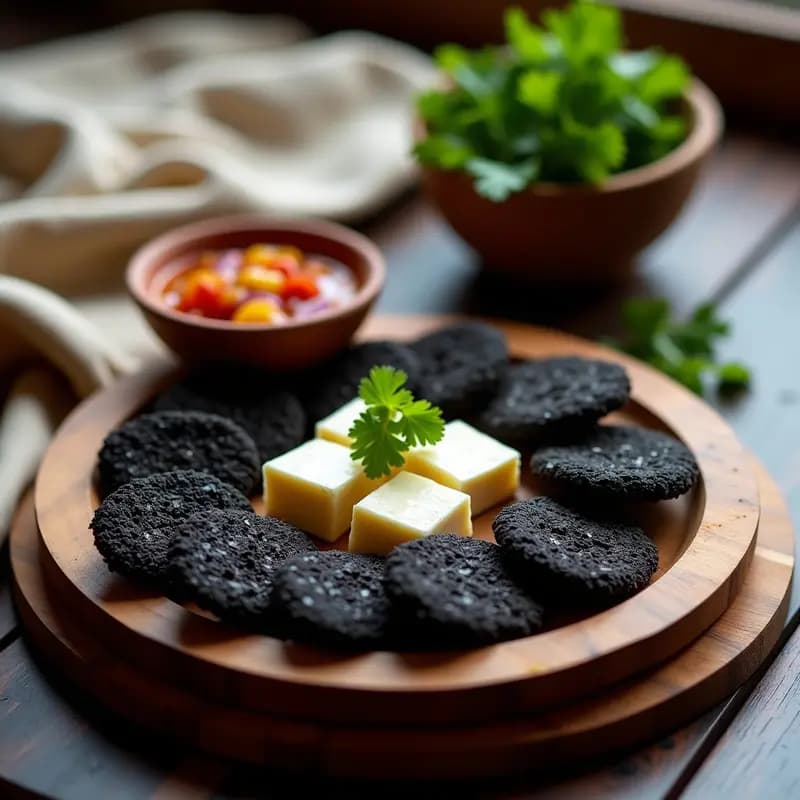Plato de madera rústico con chuños negros crujientes, cubos de queso fresco boliviano y un bol pequeño con llajwa picante de tomate y ají, aperitivo tradicional andino.