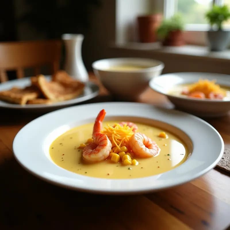 Plato hondo de cerámica blanca con chupe de camarones con queso y maíz, sopa peruana cremosa de color amarillo dorado, camarones rosados, granos de maíz amarillo y queso derretido, decorada con hojas de hierbabuena y acompañada de pan tostado.