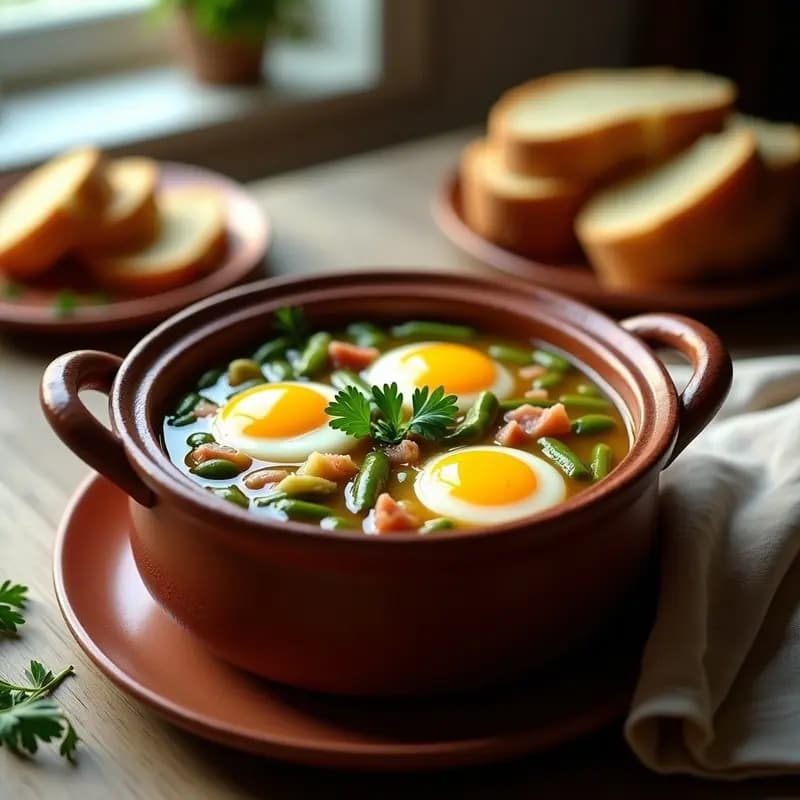 Olla de barro humeante con chupe de habas con jamón, huevos cuajados y trozos de jamón serrano, rodeado de pan rústico y hierbas frescas, típico guiso extremeño de primavera.