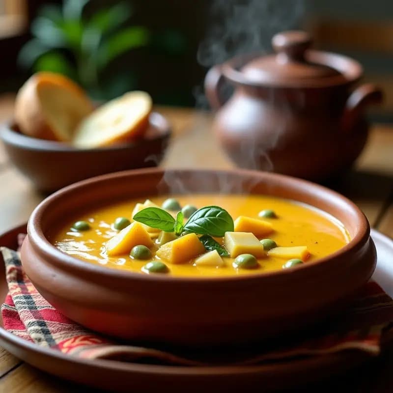 Plato hondo de barro con chupe de habas y queso peruano, sopa espesa de color crema con trozos de papa amarilla, habas verdes y queso desmenuzado, decorado con huacatay fresco y un toque de ají amarillo.