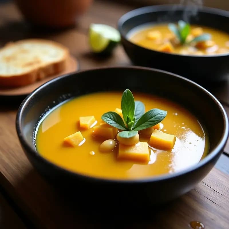 Bowl hondo de cerámica negra con chupe de habas y zapallo vegano, cremoso y espeso, decorado con hojas de huacatay fresco y un hilo de aceite de oliva. Al fondo, pan andino tostado y una rodaja de limón. La sopa muestra trozos de zapallo anco, habas y papa amarilla, con un color dorado intenso.