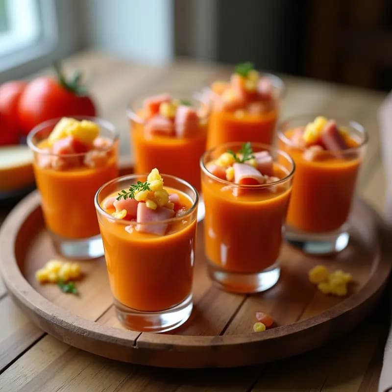 Seis chupitos de cristal transparente llenos de salmorejo cremoso, decorados con taquitos de jamón serrano, huevas de bacalao doradas y huevo duro picado, sobre una bandeja de madera rústica con fondo desenfocado.