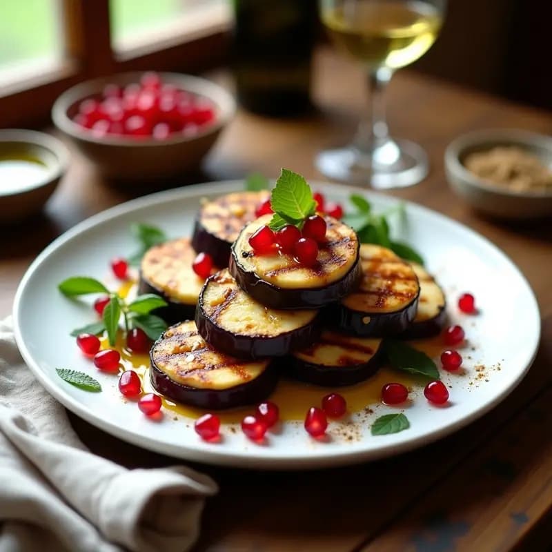 Plato blanco con churbs de berenjena asada y queso halloumi vegano a la plancha, apilados en torres crujientes. Decorado con hojas de menta fresca y semillas de granada rojas. Fondo borroso con texturas de especias y aceite de oliva.