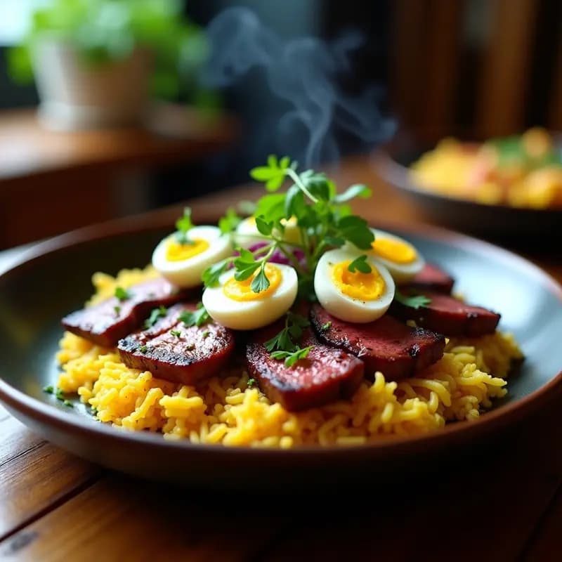 Plato de churrasco brasileño en tiras jugosas sobre una base de farofa de yuca dorada y crujiente, bañado con vinagreta de limón brillante. Decorado con huevos de codorniz y perejil fresco. Receta carnivora en 25 minutos.