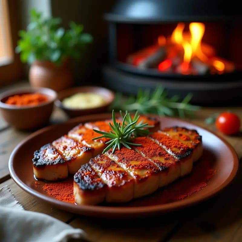 Filetes gruesos de churrasco de cerdo a la brasa con costra dorada y especiada, servidos en plato de barro rústico, con ramitas de romero y un toque de pimentón de la Vera espolvoreado, fondo de grill humeante.