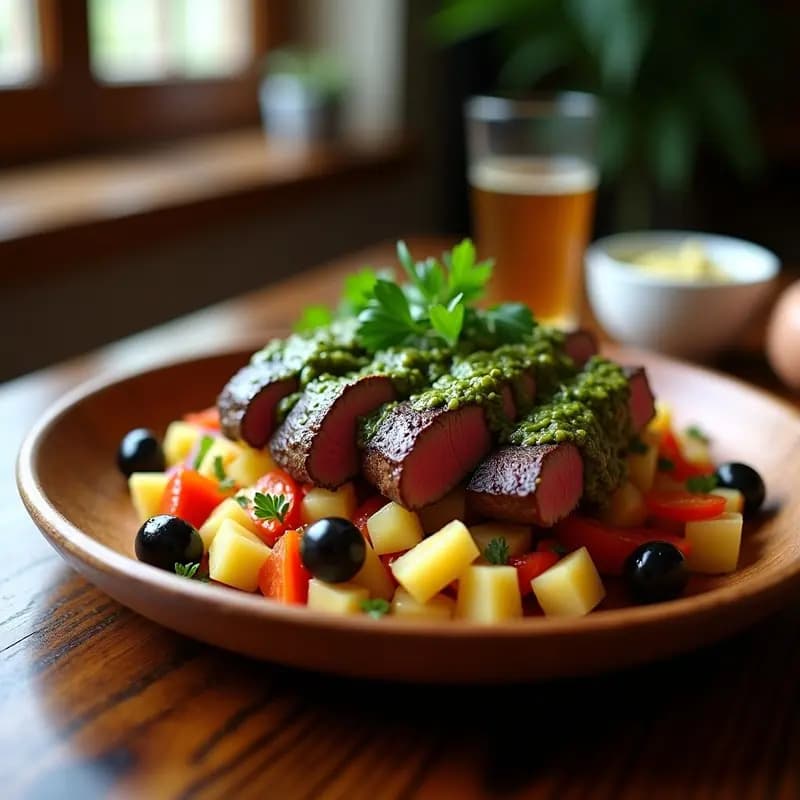 Plato rústico de madera con churrasco en tiras jugosas sobre ensalada de papa y huevos, bañado en chimichurri verde brillante. Acompañado de cebolla morada y pimiento rojo en cubos, decorado con perejil fresco.