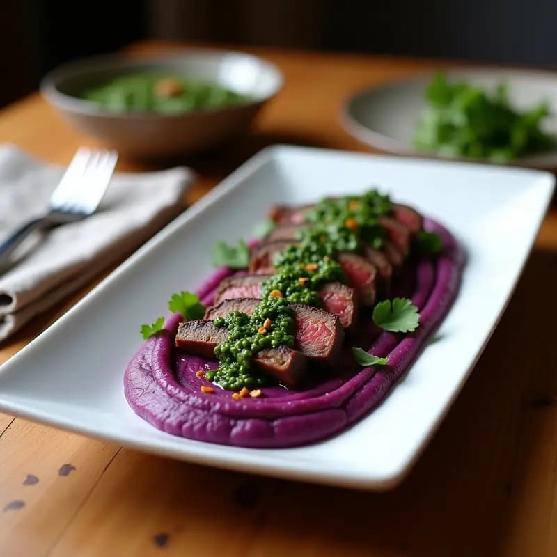 Plato rectangular de cerámica blanca con churrasco en tiras sobre puré de ñame morado cremoso, bañado con chimichurri verde vibrante. Decorado con hojas de perejil fresco y un hilo de aceite de oliva. Receta argentina con acompañamiento andino.