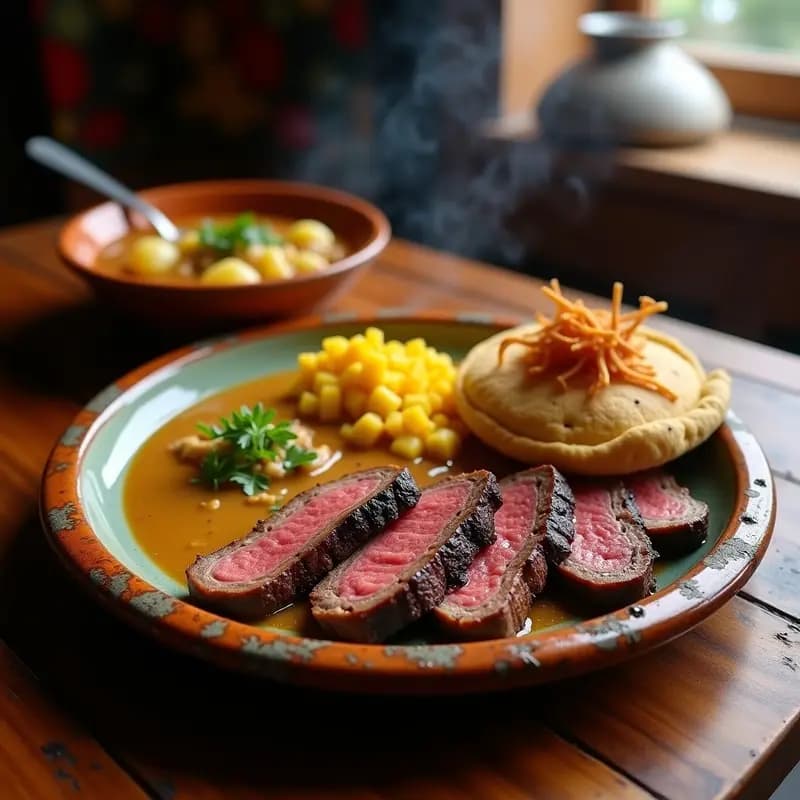 Plato tradicional colombiano con churrasco en tiras sobre arepa dorada, acompañado de ajiaco en cuenco pequeño con mazorca y guascas, servido en mesa rústica de madera.