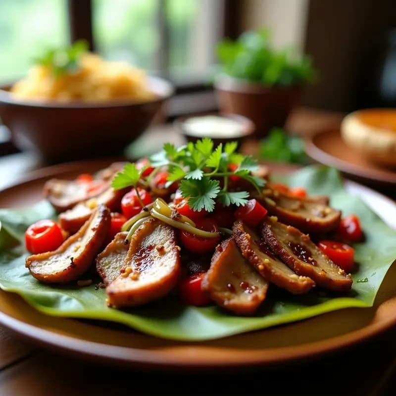Plato de churrasco a la criolla colombiano con tiras de carne marinada doradas, cebolla caramelizada y ají, decorado con cilantro fresco sobre un fondo rústico de madera.