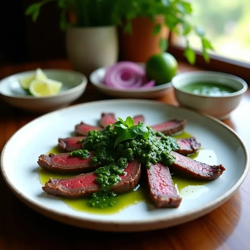 Plato de churrasco de res a la criolla con chimichurri en airfryer, trozos de lomo jugoso cortados en tiras, bañados en salsa verde de culantro y perejil, acompañado de cebolla morada y tomate picado sobre fondo rústico de madera.