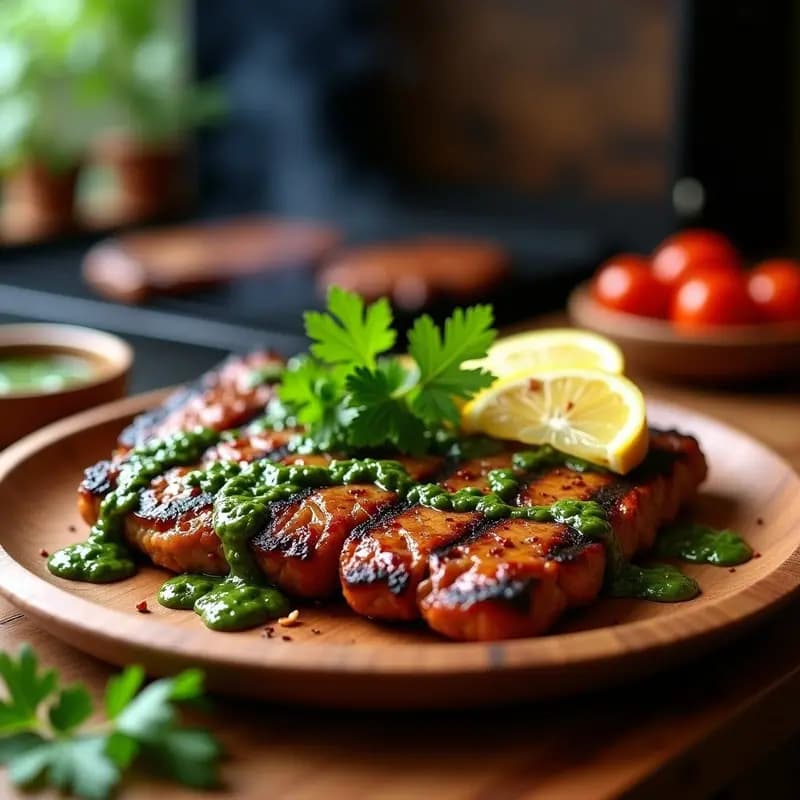 Filetes gruesos de churrasco de seitan dorados a la parrilla, servidos en un plato de madera rústico con chimichurri de cilantro verde brillante por encima y rodajas de limón al lado, receta argentina vegana para parrilla.