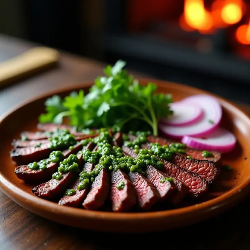 Plato rústico de madera con rodajas jugosas de churrasco de ternera asado a la parrilla, bañadas en chimichurri verde brillante de cilantro y ajo, acompañado de cebollas moradas asadas y ramitas de perejil fresco. Receta argentina tradicional.