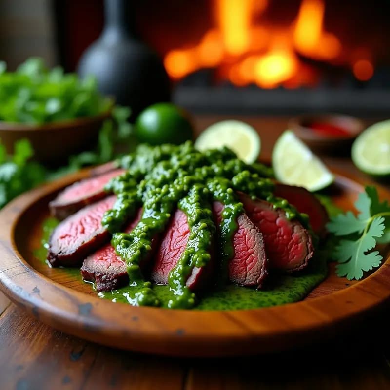 Plato de churrasco de ternera a la parrilla en rodajas gruesas, cubierto con chimichurri verde vibrantes de cilantro y lima, acompañados de cebolla morada en juliana y servido en un plato de barro rústico, típico de los asados colombianos.