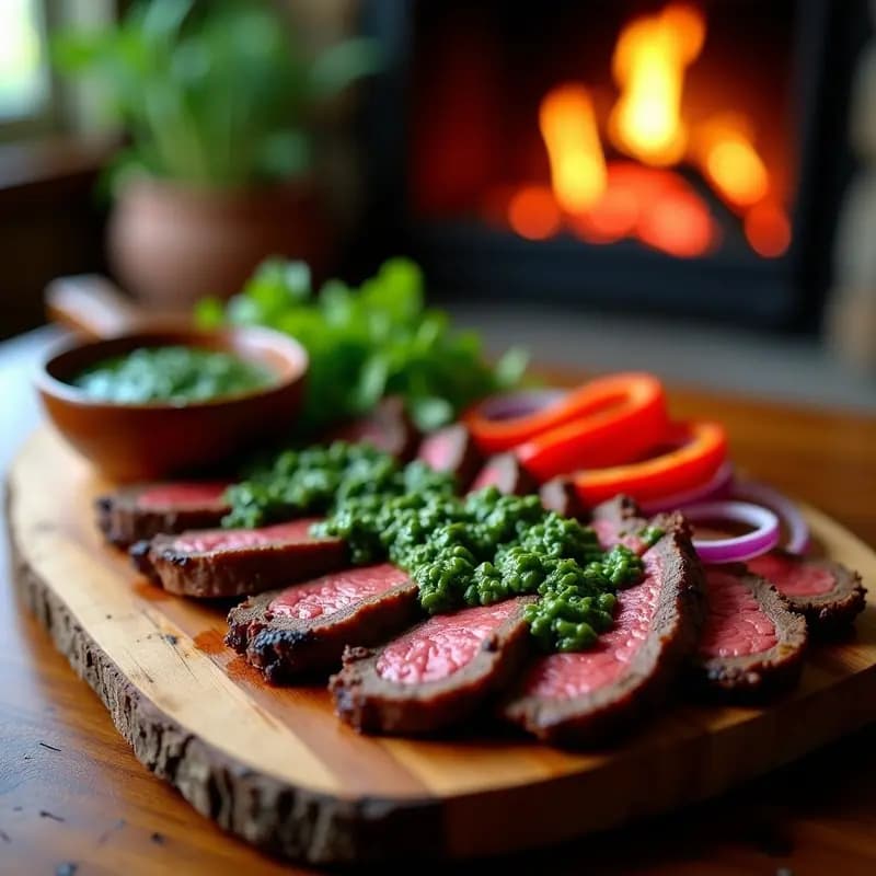 Plato de madera rústico con churrasco uruguayo en tiras gruesas, bañado en chimichurri de perejil verde brillante, acompañado de aceitunas y hierbas frescas. Receta a la parrilla alta en proteína.