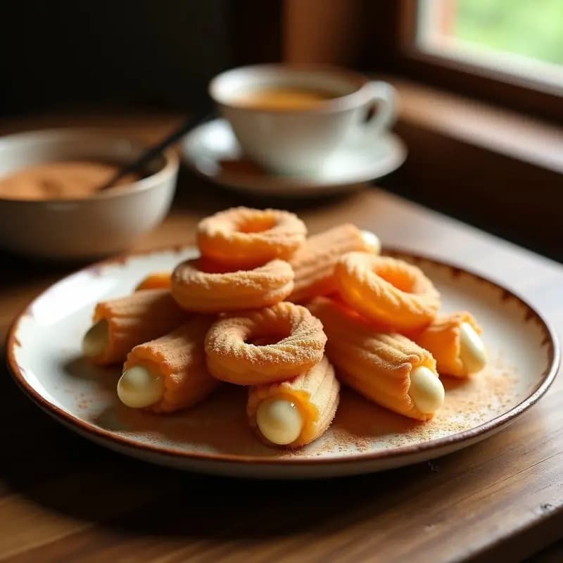 Churro colombiano dorado y crujiente relleno de arequipe cremoso, espolvoreado con azúcar y canela, servido en plato rústico de barilla. Postre tradicional hecho en freidora de aire.