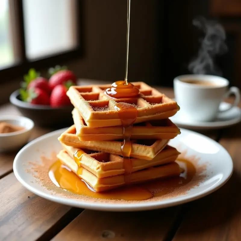 Pila dorada de churro waffles crujientes con vetas de sirope de arce brillante y una espolvoreada generosa de azúcar y canela, servidos en un plato de cerámica blanca sobre una mesa de madera rústica, con un fondo borroso de café humeante y frutas frescas.