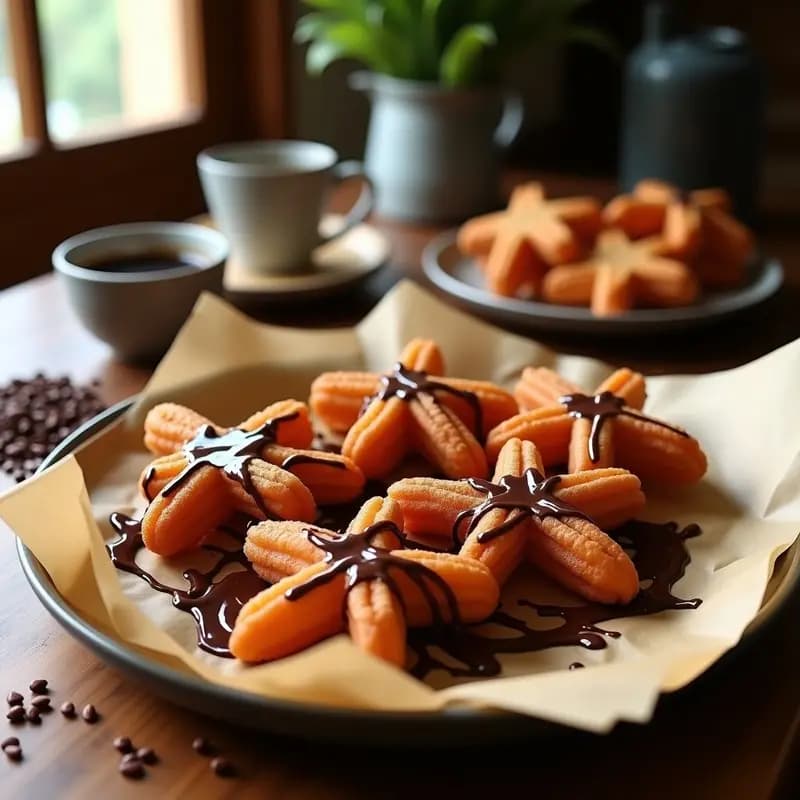 Churros dorados y crujientes de amaranto con textura estriada, servidos en plato rústico de barro con salsa de chocolate negro brillante y espuma de coco. Decorados con canela en polvo y virutas de chocolate 85%. Fondo con elementos mexicanos como un molcajete y granos de amaranto.
