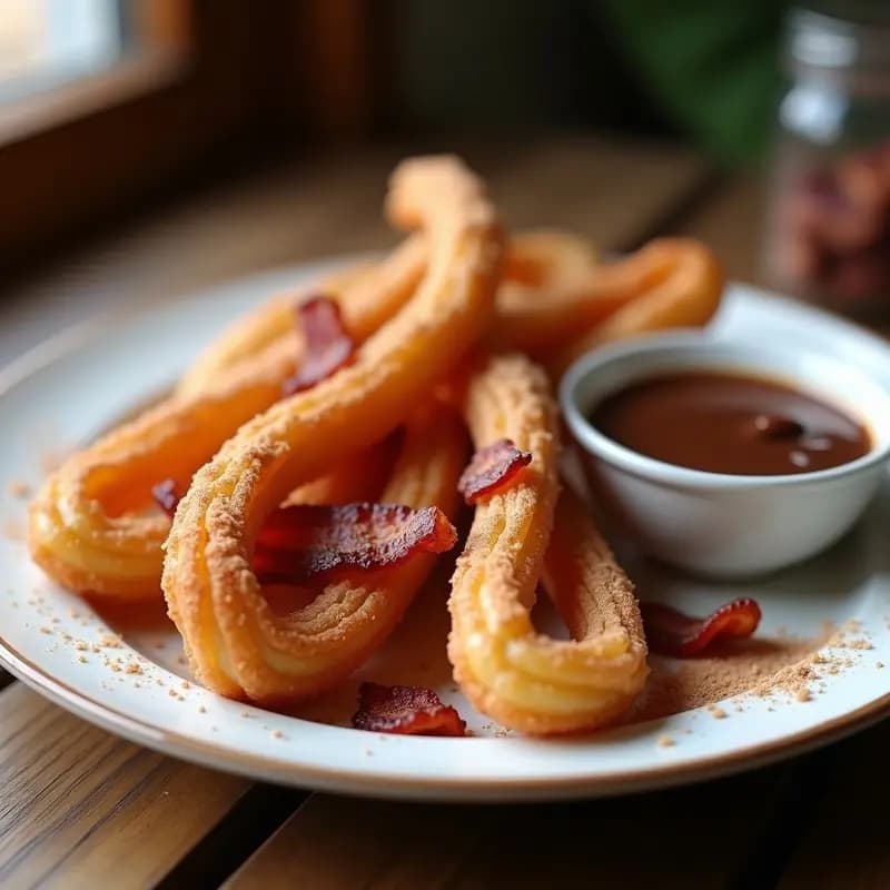 Plato de churros dorados y crujientes con trozos de bacon visibles, espolvoreados con azúcar y canela, acompañados de un bol de salsa de chocolate espesa y brillante. Receta de churros de bacon con salsa de chocolate.