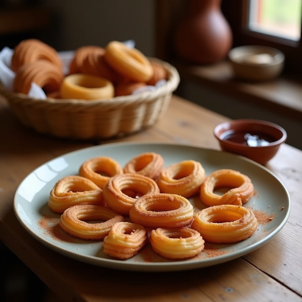 Plato blanco con churros dorados y crujientes de canela y almendra, dispuestos en círculo y acompañados de un bol pequeño con salsa de dátiles espesa y brillante. Espolvoreados con canela en polvo y almendras fileteadas, sobre fondo de madera rústica con luz cálida.