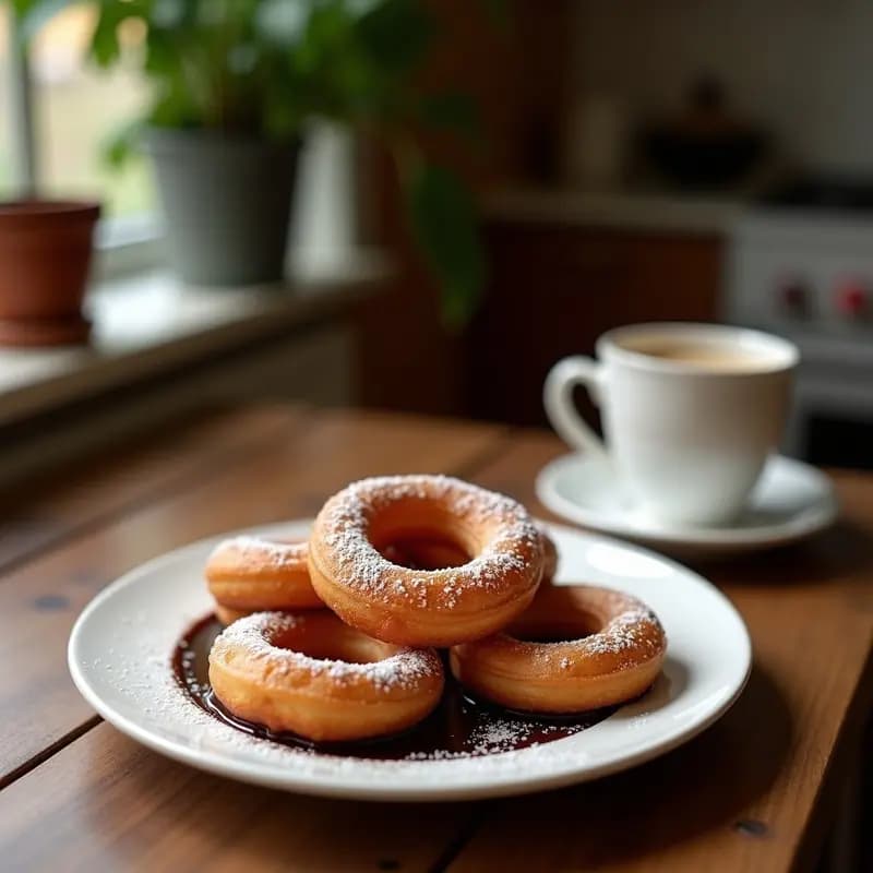 Plato blanco con churros dorados y crujientes espolvoreados con canela, acompañados de una salsa brillante de chocolate negro sin azúcar, estilo gourmet español.