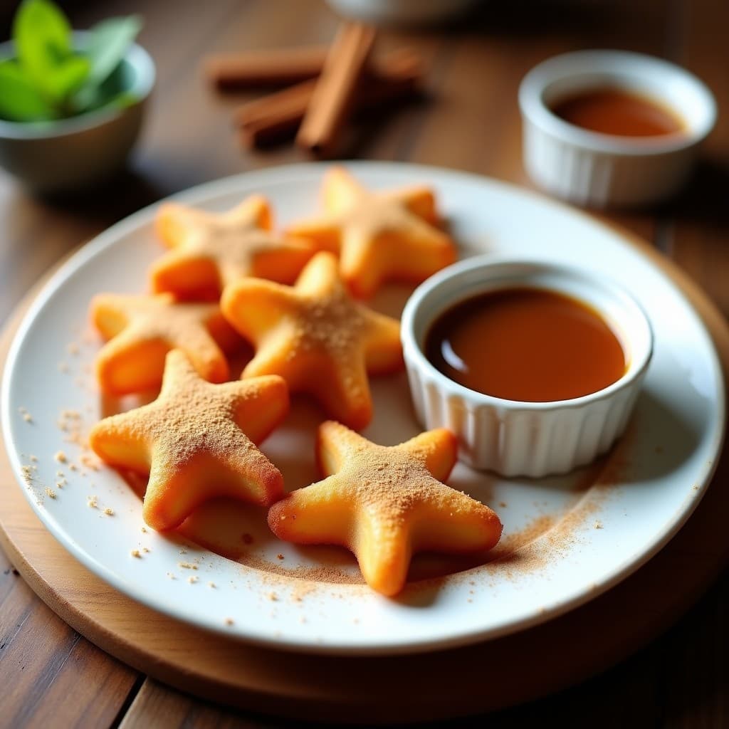 Churros dorados y crujientes en forma de estrella, espolvoreados con canela, servidos en un plato blanco con salsa de caramelo de fechas brillante y oscura al lado. Postre keto sin azúcar en airfryer.