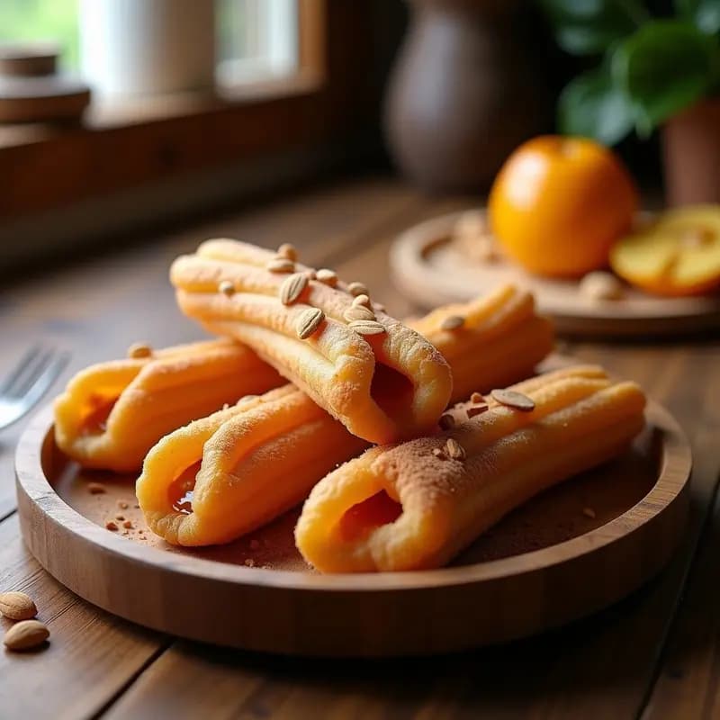 Churros dorados y crujientes de harina de chacarera rellenos de dulce de membrillo, espolvoreados con almendras fileteadas y canela, disposición rústica sobre bandeja de madera con fondo borroso.