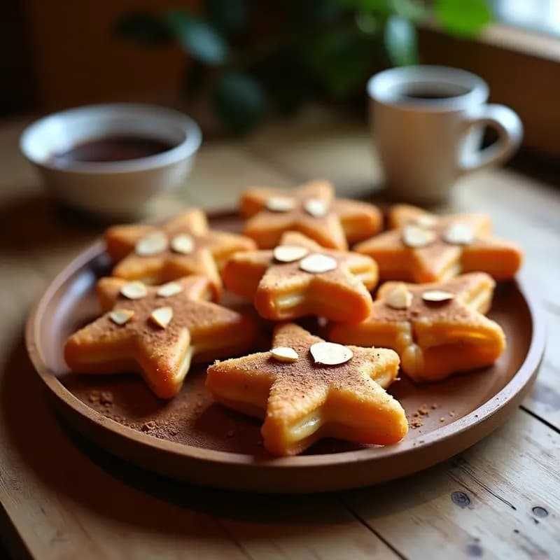 Churros dorados y crujientes de chía y plátano dispuestos en un plato de cerámica blanca, espolvoreados con cacao puro y almendras fileteadas, sobre un fondo rústico de madera con taza de café. Receta vegana y sin harina.