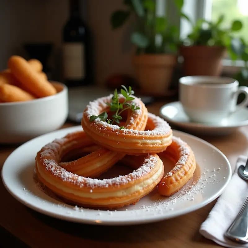 Churros dorados y crujientes de chía dispuestos en forma de abanico sobre un plato de barro rústico, acompañados de una salsa de chocolate amargo brillante en un bol pequeño. Decorados con un espolvoreado de canela y semillas de chía, sobre una mesa de madera con elementos mexicanos como un tejido de fibra natural.