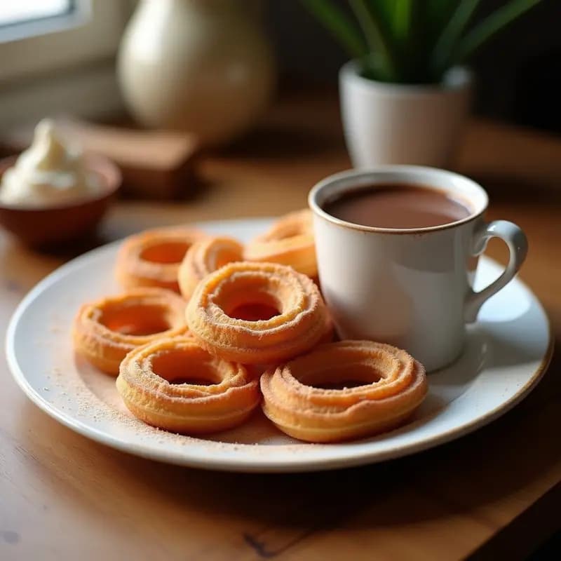 Plato de churros dorados y crujientes espolvoreados con azúcar y canela, acompañados de una taza de chocolate caliente espeso y brillante, típico desayuno o merienda española.