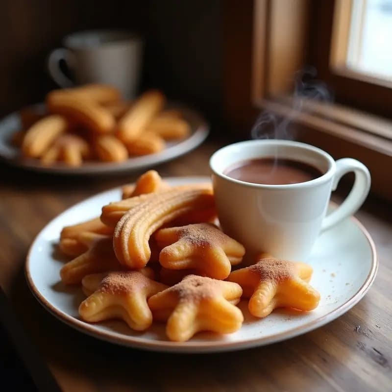 Plato de churros dorados y crujientes espolvoreados con azúcar y canela, acompañados de una taza de chocolate espeso y brillante. Receta tradicional de ferias y fiestas españolas.