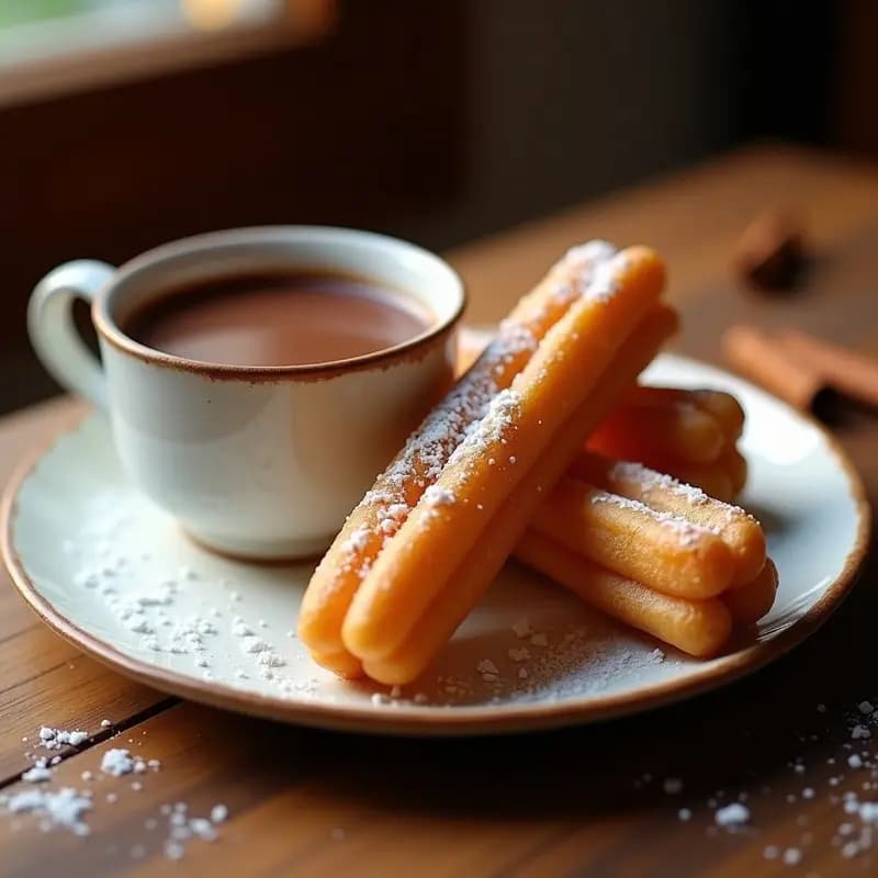 Plato blanco con churros dorados y crujientes acompañados de una taza humeante de chocolate espeso tradicional, típico de chocolaterías españolas, sobre fondo rústico de madera.