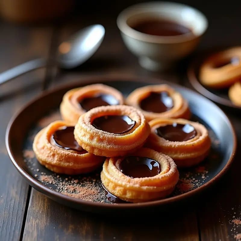 Churros dorados y crujientes bañados en chocolate negro, rellenos de crema de queso Philadelphia, espolvoreados con azúcar glass y canela, servidos en un plato rústico de barro con fondo de madera oscura. Receta de churros de chocolate y queso Philadelphia para desayuno mexicano indulgente.