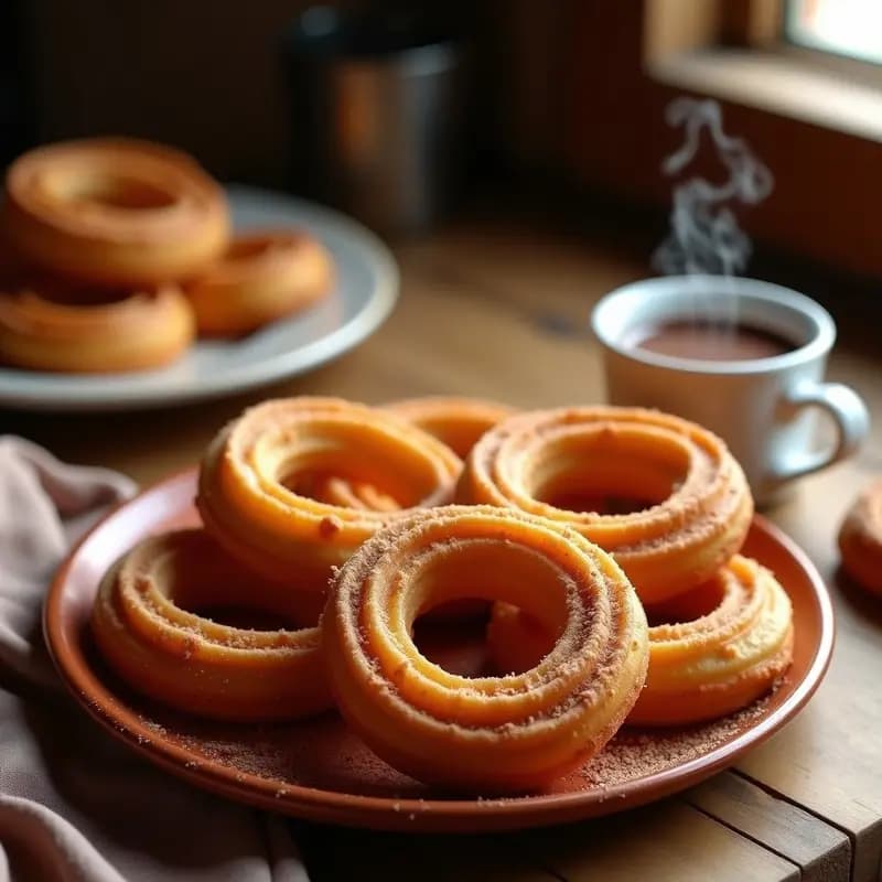 Plato de churros españoles dorados y crujientes espolvoreados con azúcar y canela, acompañados de una taza de chocolate caliente sin lactosa, humeante y cremoso, sobre una mesa rústica de madera.