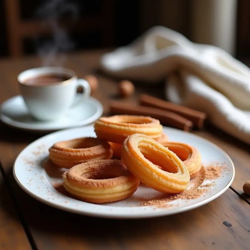 Churros recién fritos dorados y espolvoreados con azúcar y canela, servidos en un plato de barro junto a una taza humeante de chocolate espeso. Desayuno tradicional español para días fríos.