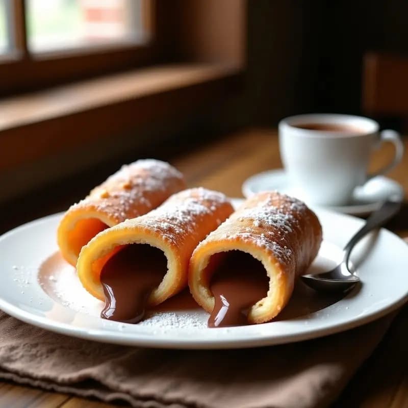 Churros dorados y crujientes espolvoreados con azúcar glass y canela, rellenos de crema de avellanas y cacao, servidos en un plato rústico de barro con fondo borroso de cocina tradicional española.