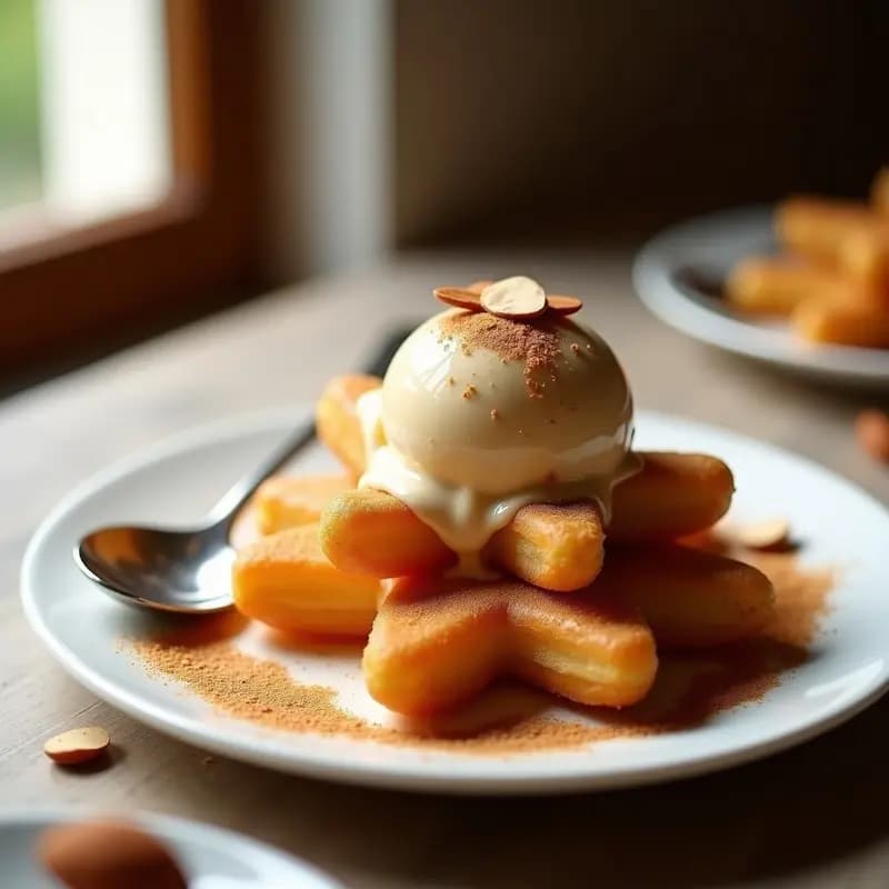 Plato blanco minimalista con Churros Collins dorados en forma de V, rellenos de helado cremoso de dulce de leche, espolvoreados con azúcar glass y canela, sobre fondo de madera clara con cucharita de plata.