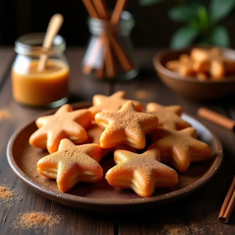 Churros colombianos dorados y crujientes en forma de estrella, bañados en arequipe cremoso y espolvoreados con canela, servidos en un plato de cerámica blanca sobre fondo rústico de madera, receta tradicional en airfryer sin fritura.