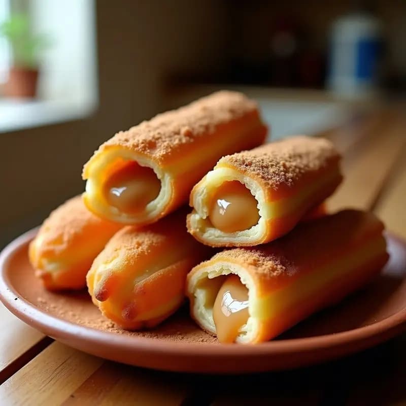 Churros colombianos dorados y crujientes rellenos de arequipe, espolvoreados con una mezcla de azúcar glass y canela, servidos en un plato rústico de barro con fondo borroso que resalta su textura.