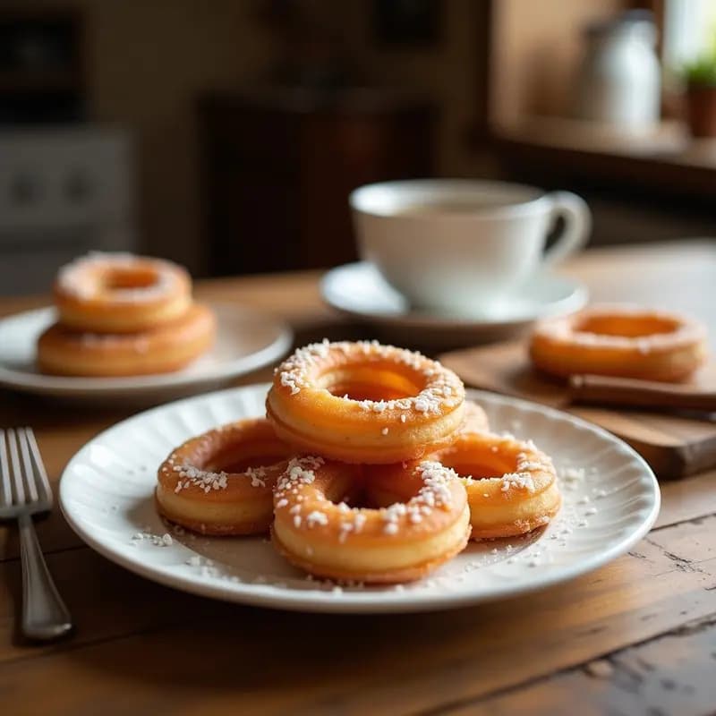Churros colombianos dorados y crujientes rellenos de arequipe cremoso de coco y canela, servidos en un plato rústico de barro con espolvoreado de canela en polvo y coco rallado, postre sin lácteos.
