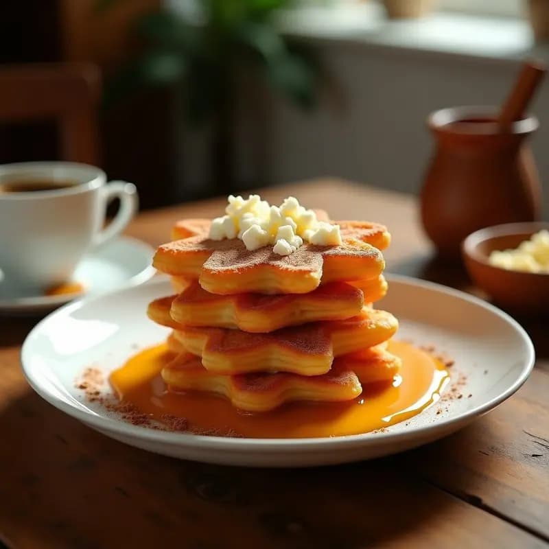 Plato de churros colombianos dorados y crujientes, espolvoreados con queso costeño desmenuzado y canela, acompañados de un bol de arequipe cremoso. Receta tradicional de desayuno o merienda.