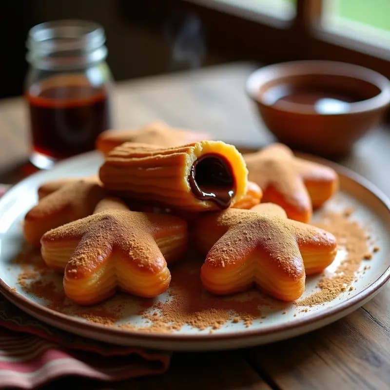 Churros dorados y crujientes rellenos de dulce de leche y chocolate, espolvoreados con azúcar moreno y canela, servidos en un plato rústico de barro. Desayuno argentino en airfryer, sin aceite, con textura esponjosa por dentro.