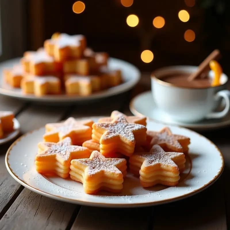 Plato de cerámica blanca con churros españoles dorados y crujientes, espolvoreados con azúcar, acompañados de una taza de chocolate espeso y brillante con canela en rama. Desayuno tradicional español para fin de semana.