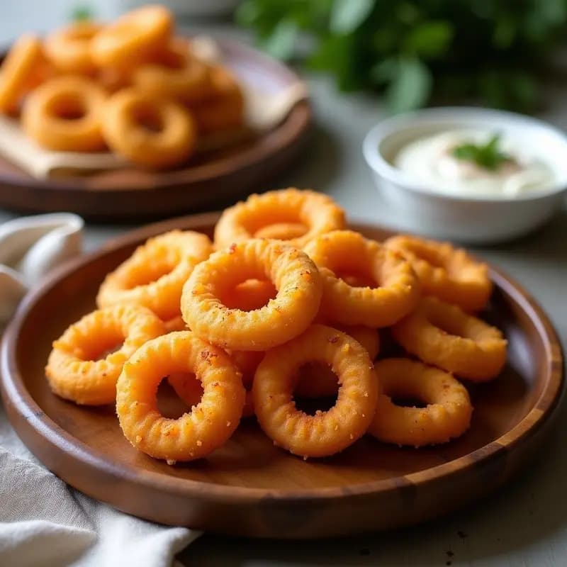 Churros dorados y crujientes de queso halloumi servidos en un plato de madera rústico, con textura esponjosa por dentro y especias visibles, acompañados de una salsa cremosa en un bol pequeño. Snack salado chipriota hecho en airfryer.