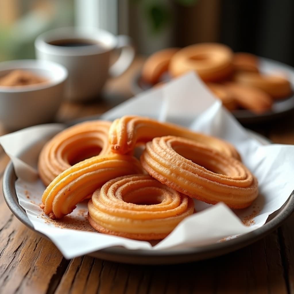 Churros dorados y crujientes de harina de almendra y canela en airfryer, espolvoreados con eritritol y canela, sobre papel de hornear blanco. Desayuno keto sin freír.