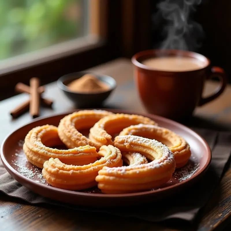 Plato rústico de barro con churros de harina de arroz dorados y crujientes, espolvoreados con azúcar glas, acompañados de una taza humeante de chocolate caliente espeso con canela, sobre fondo de madera oscura.