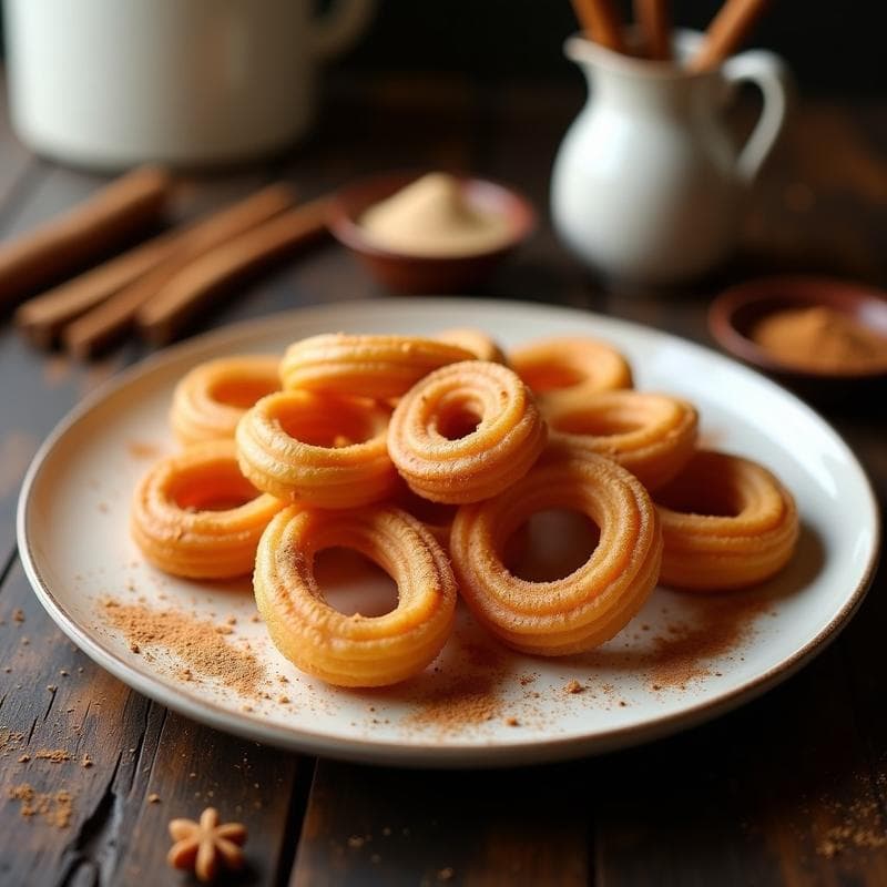 Churros dorados y crujientes espolvoreados con canela y azúcar glass sin azúcar, dispuestos en un plato rústico de cerámica blanca con fondo de madera. Receta española keto y sin azúcar en airfryer.