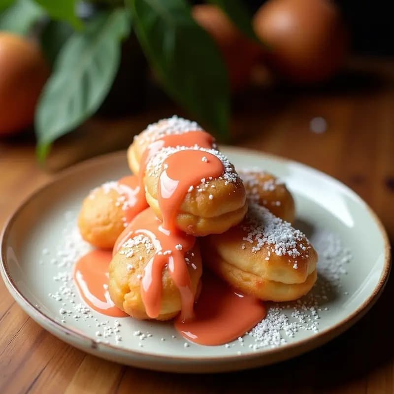 Churros dorados y crujientes de harina de coco rebozados en coco rallado, servidos en un plato blanco con salsa de guayaba espesa y brillante a un lado, decorados con una pizca de canela en polvo.