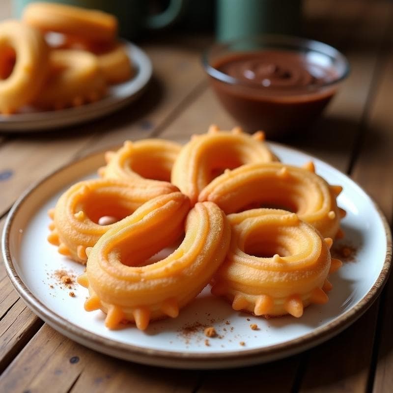 Churros dorados y crujientes de harina de garbanzo servidos en un plato blanco con una salsa de chocolate amargo brillante, ideal para mojar. Receta vegana y sin gluten.